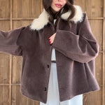 Brown Oversized Coat With White Faux Fur Collar