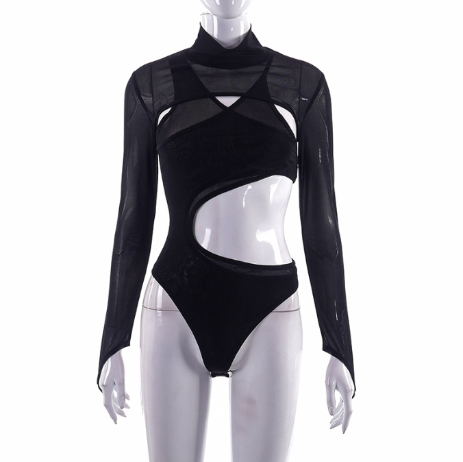 Mesh Perspective Tight Long Sleeve Bodysuit - runwayfashionista.com