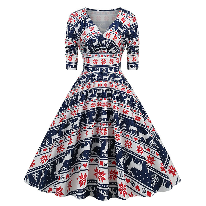 Snowflake Stripe V-Neck Midi Dress
