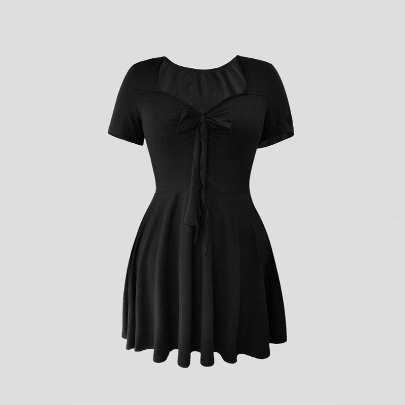 Black Tie Front Short Sleeve A-Line Mini Dress