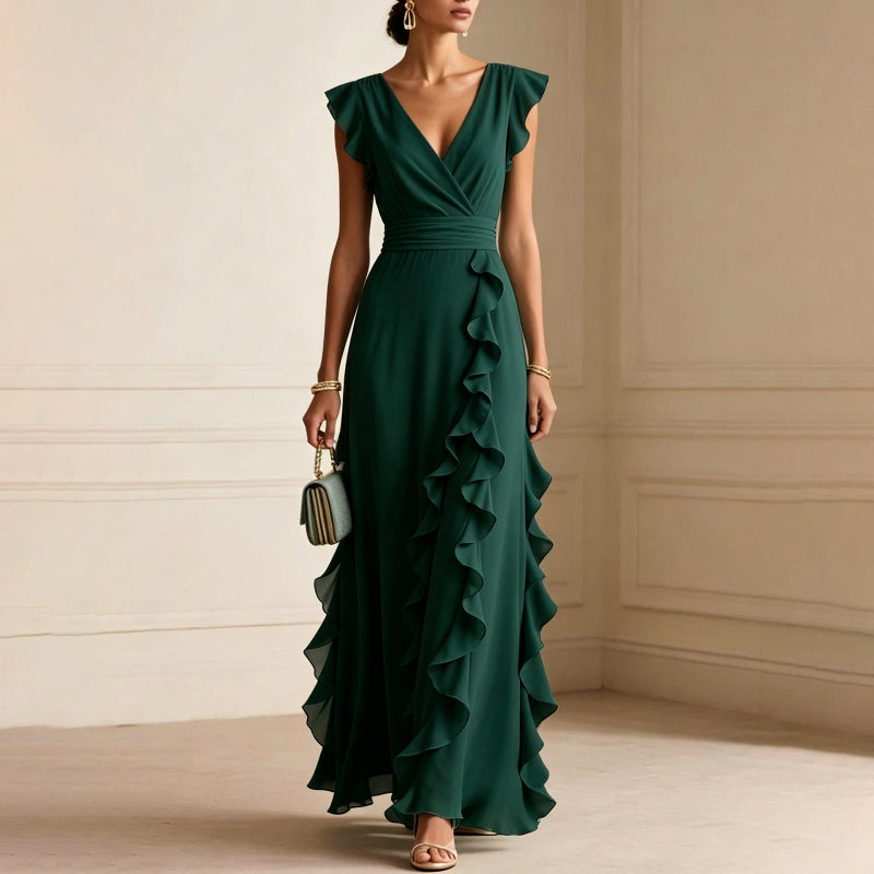 V-Neck Ruffle Maxi Dress - dark green