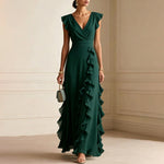 V-Neck Ruffle Maxi Dress - dark green