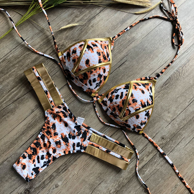 Gold-Trim Cage-Strap Triangle Bikini Set