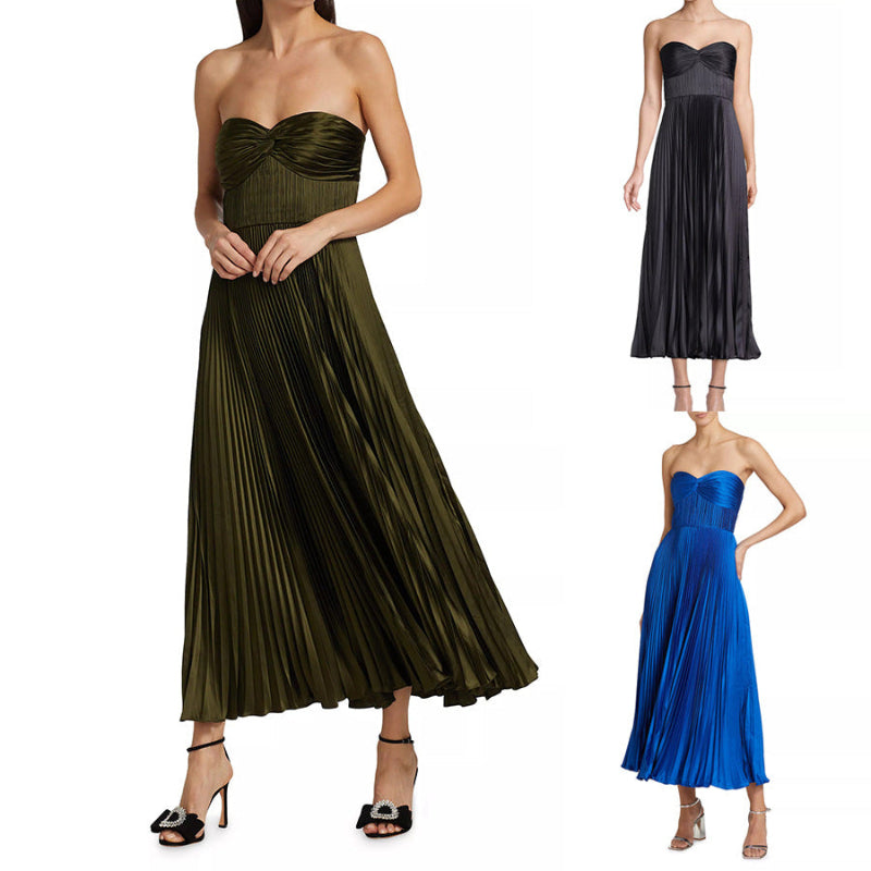 Satin mini dress, pleated dress, women's fashion, casual style, sleeveless dress