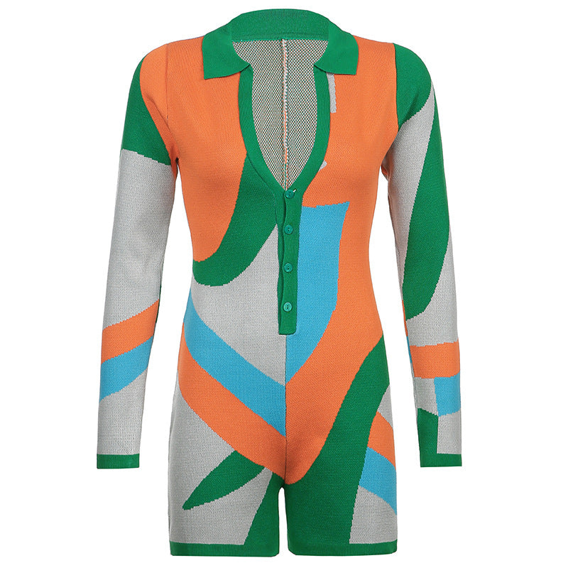 Color Block Stitching Long Sleeve Rompers - runwayfashionista.com