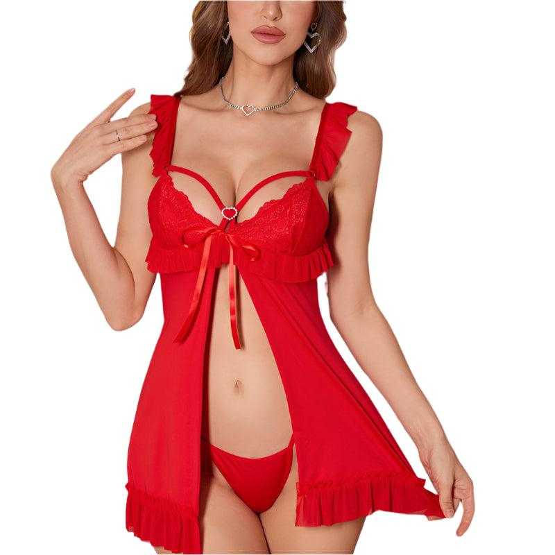 Red Suspender Slit Lingerie Set