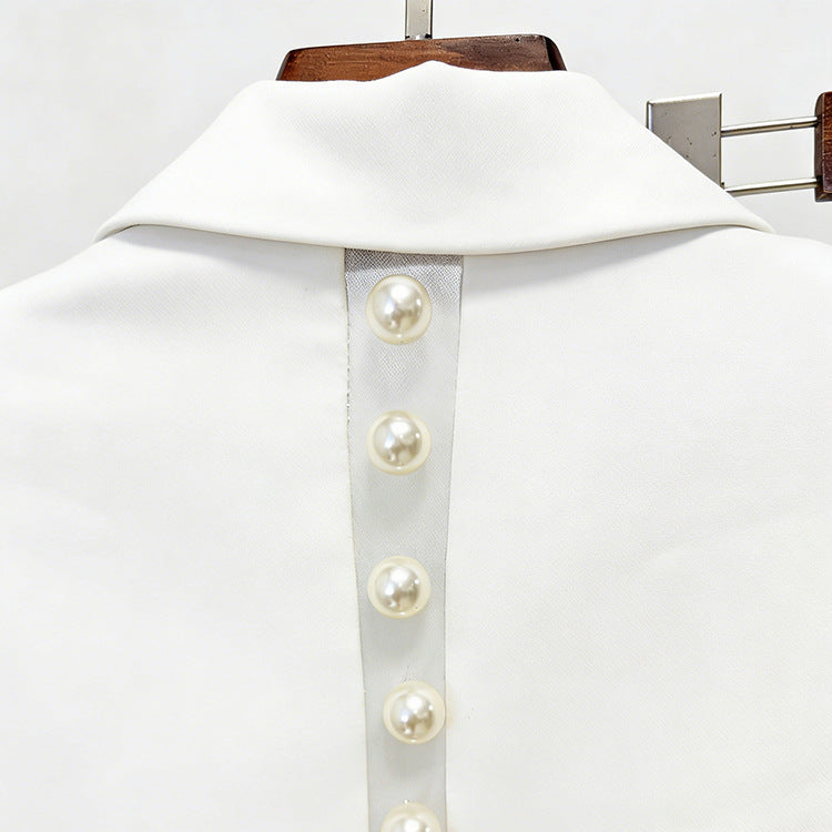 Pearl-Sleeve Tailored Blazer & Wide-Leg Flare Trouser Suit - white