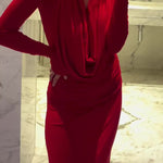 Red Swing Neck Long Sleeve Slim Maxi Dress