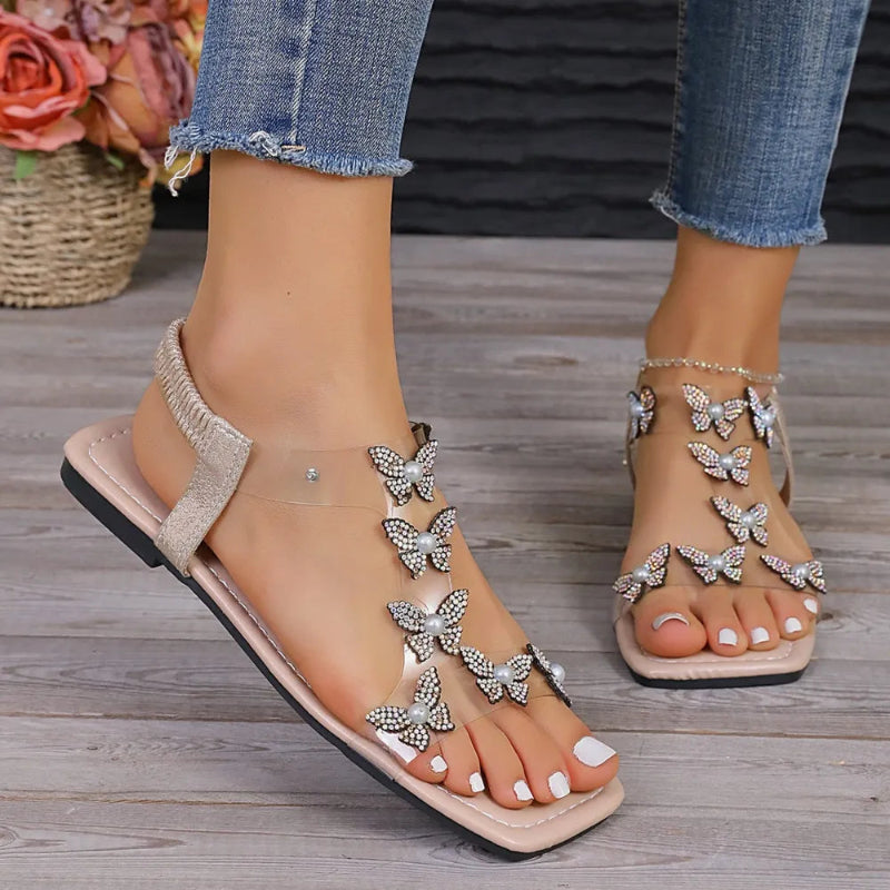 Rhinestone Butterfly Flat Sandals - Sparkle & Comfort - ruwayfashionista.com