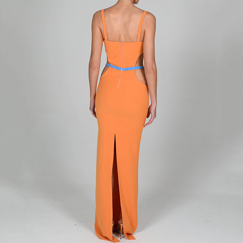 Colour Block Cut-Out Maxi Dress with Gold-Tone Details - orange