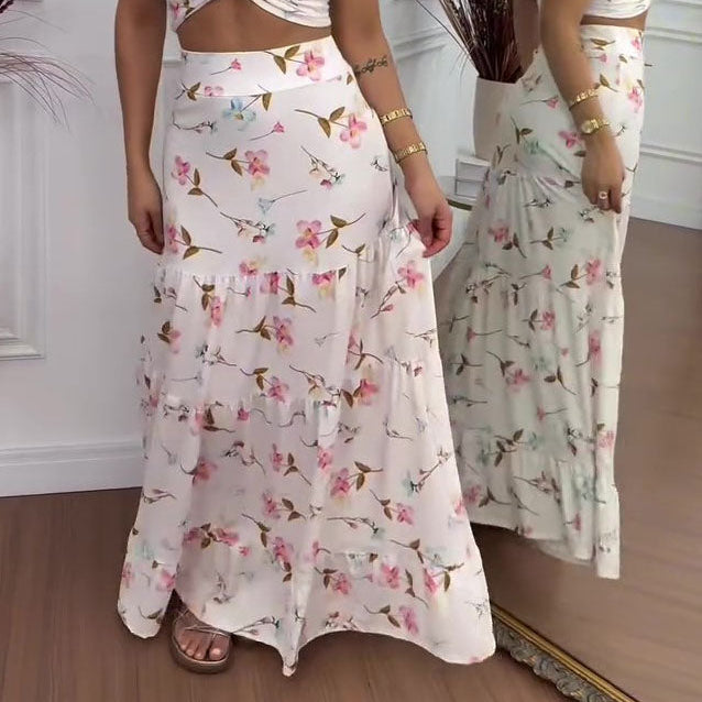 White Floral Print Twist-Front Halterneck Crop Top & Tiered Ruffle Maxi Skirt Two-Piece Set