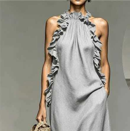 Resort Style Ruffled Halter Neck Sleeveless Maxi Dress - light grey