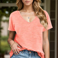 Pocketed Heathered V-Neck Short Sleeve T-Shirt - runwayfashionistacom