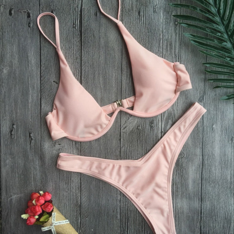 Underwire Push-Up Bikini Set With High-Cut Bottom - pink