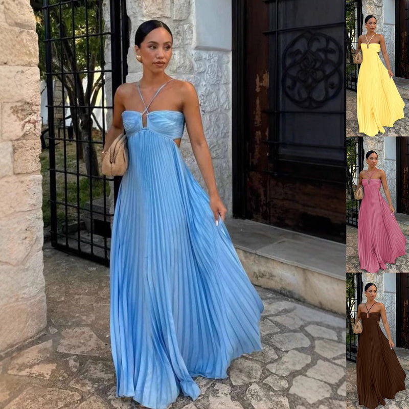 Pleated Sleeveless Sling Maxi Dress - blue