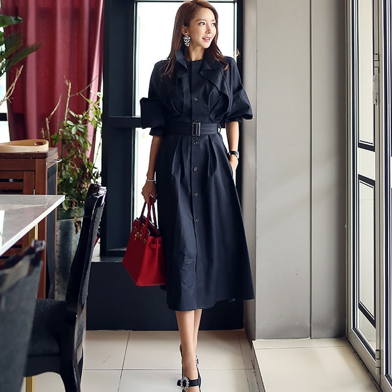 Bat Sleeve Trench Coat - Navy Blue