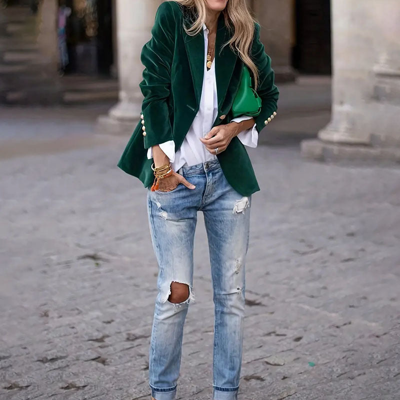 Luxe Velvet Single-Breasted Slim Fit Jacket - green