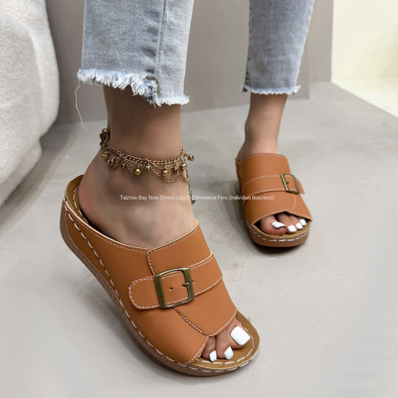 A pair of orange, thick-soled, slip-on beach sandals with a Roman-style design and a fish mouth toe. The sandals have a durable rubber outsole and a PU upper.