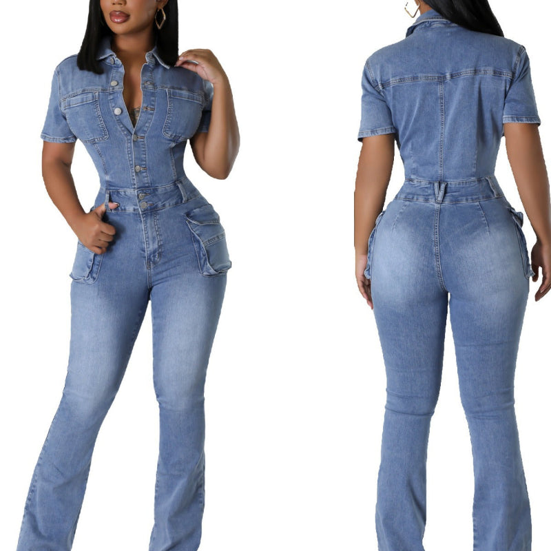 Slim Fit Elastic Washed Denim Jumpsuit