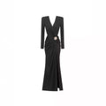 White or black long dress with metal cross-lace, halter neck, and V-neck.