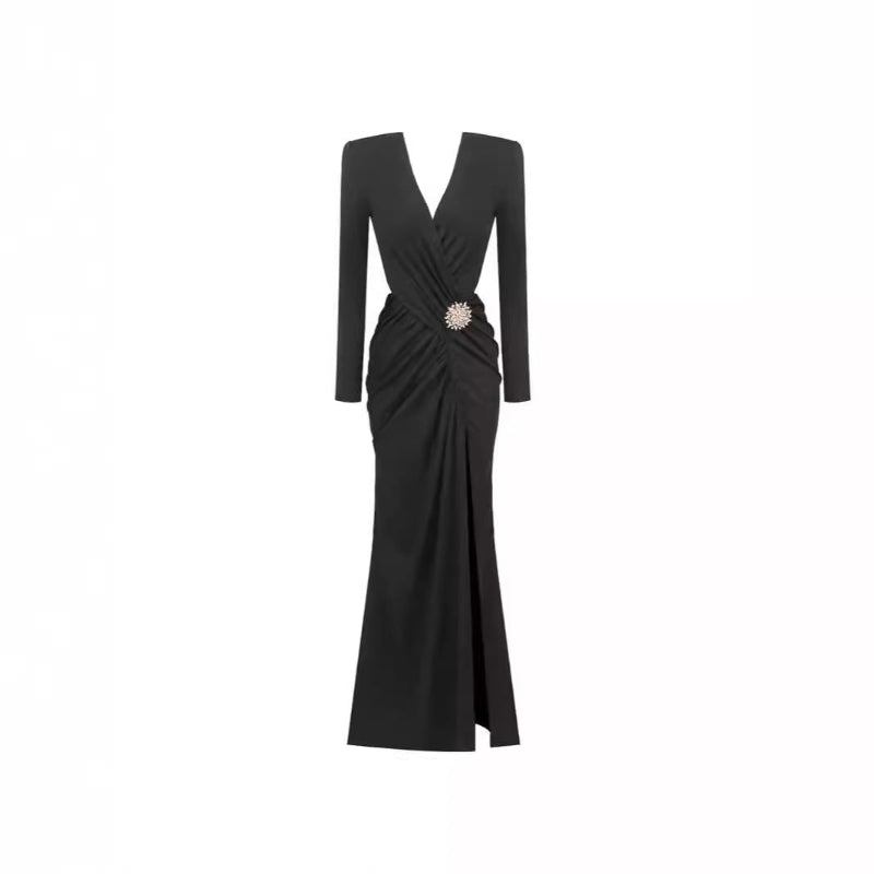 White or black long dress with metal cross-lace, halter neck, and V-neck.