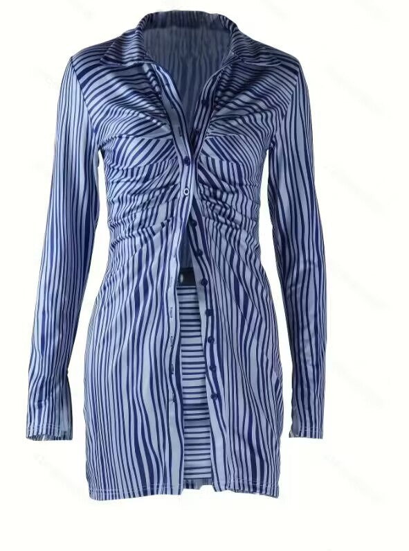 A woman wearing a blue striped, long-sleeve, single-breasted shirt with a matching mini skirt, showcasing a European and American style.