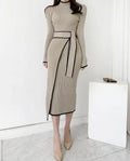 Full Sleeve O-neck Belted Sweater Dress