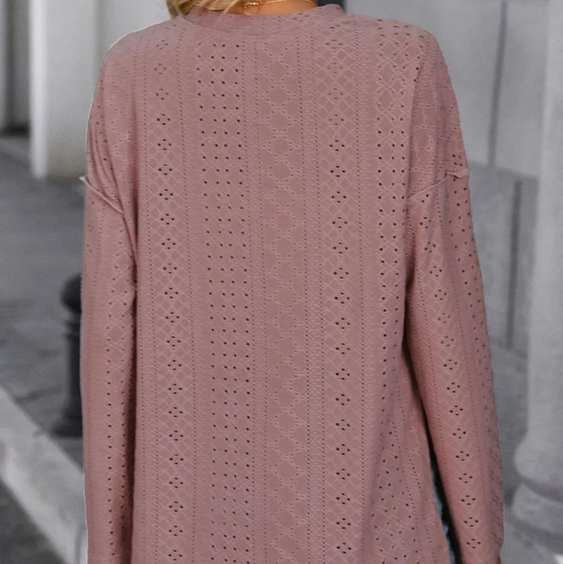 Eyelet Round Neck Long Sleeve Top -runwayfashionista.com