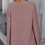 Eyelet Round Neck Long Sleeve Top -runwayfashionista.com