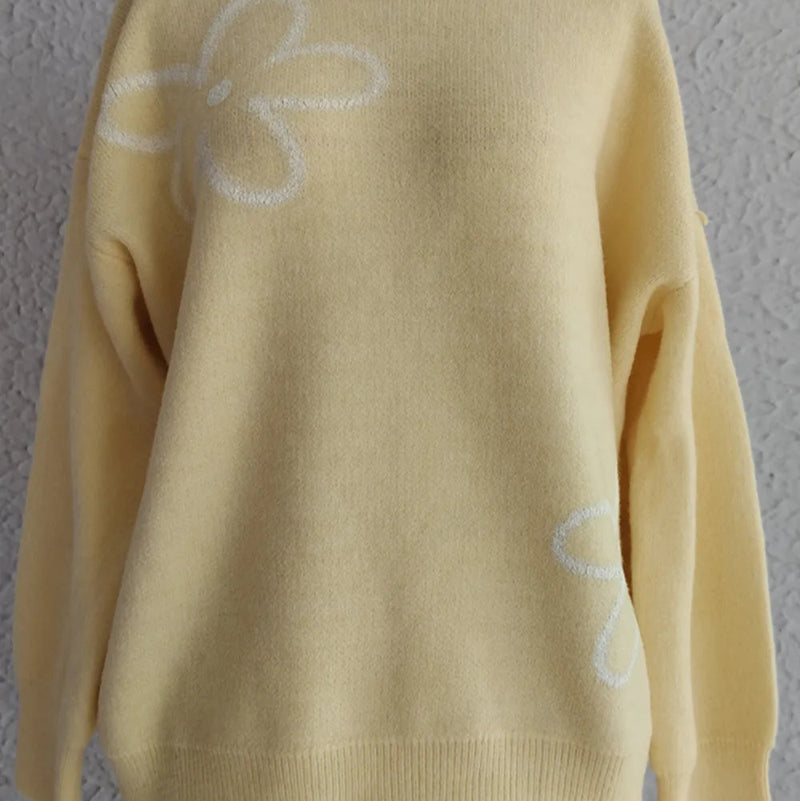 Flower Round Neck Long Sleeve Sweater - runwayfashioniista.com
