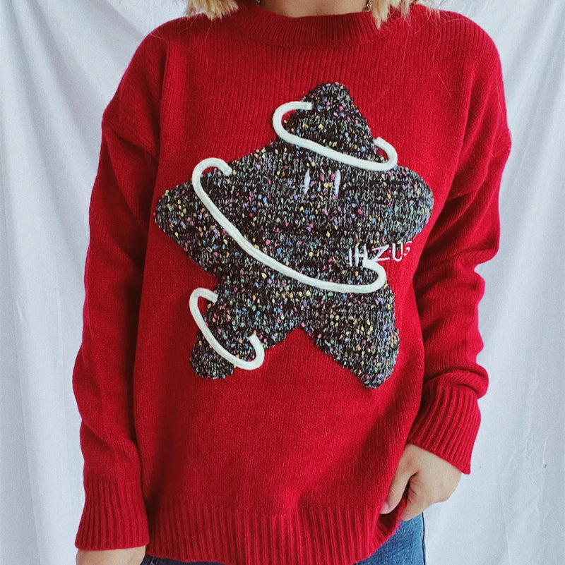Contrast Star Round Neck Long Sleeve Sweater - runwayfashionista.com