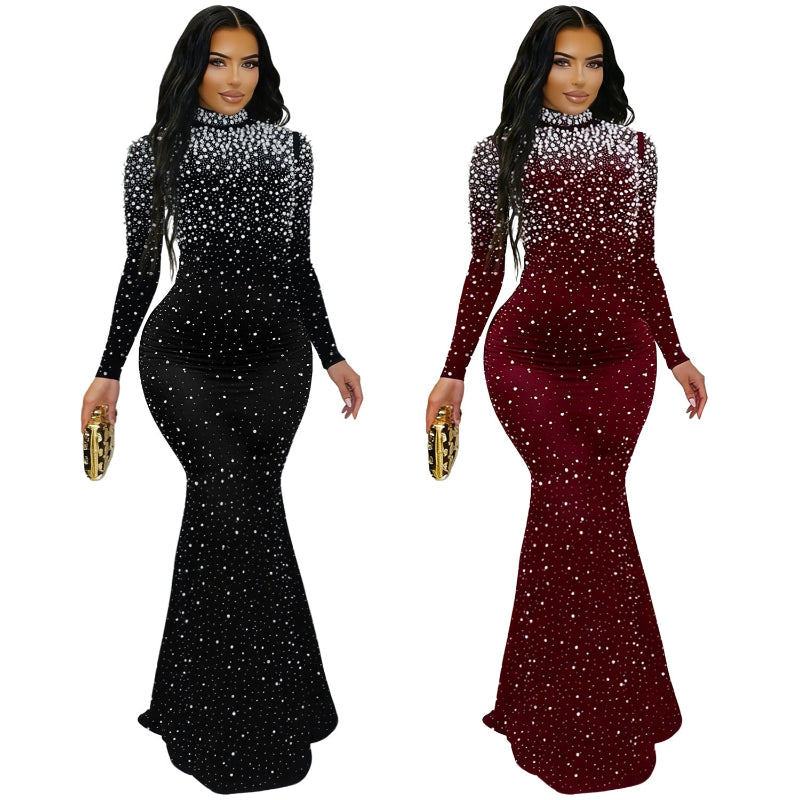 Elegant High Neck Rhinestone Beaded Bodycon Maxi Dress