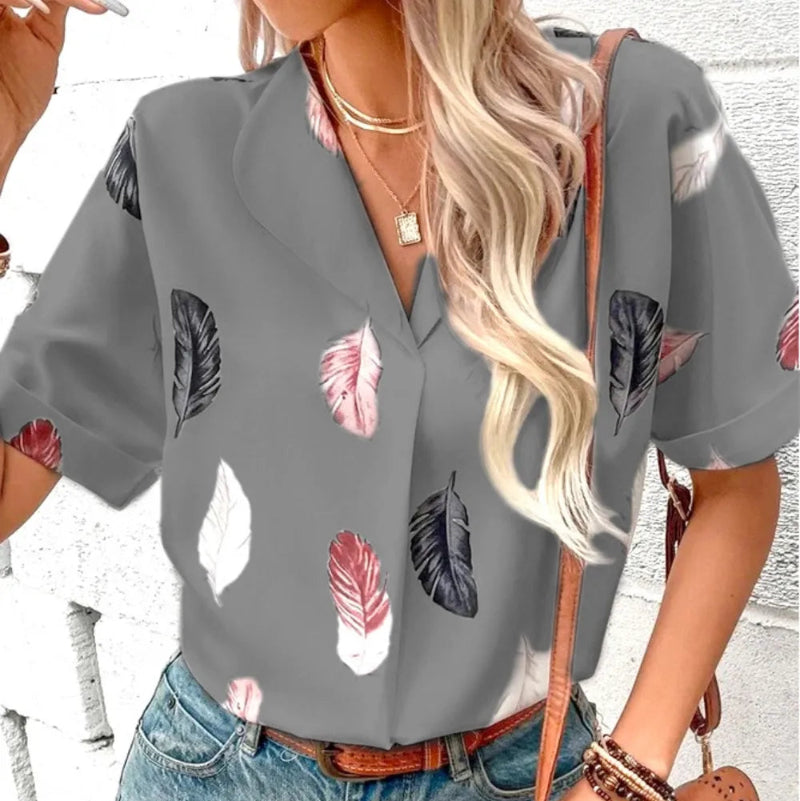 Printed Collared Neck Short Sleeve Blouse - runwayfashionista.com