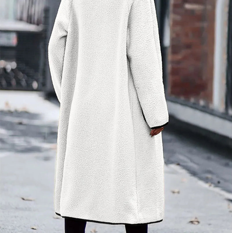 Contrast Trim Long Sleeve Coat with Pockets - runwayfashionista.com