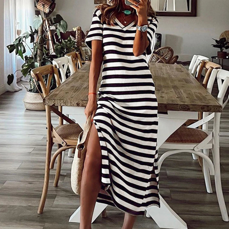A collection of V-neck casual loose midi dresses with striped patterns and side slits, available in various colors.