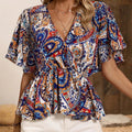 Printed Surplice Half Sleeve Blouse - runwayfashionista.com
