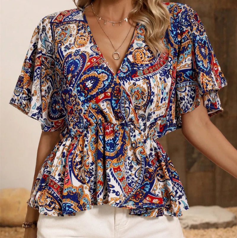Printed Surplice Half Sleeve Blouse - runwayfashionista.com