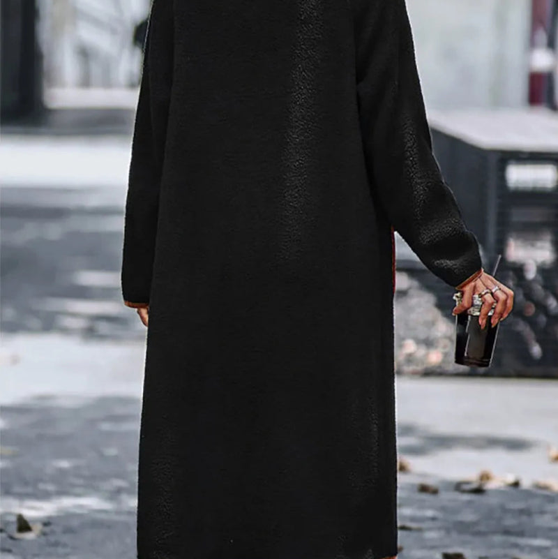 Contrast Trim Long Sleeve Coat with Pockets - runwayfashionista.com