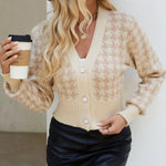Houndstooth Button Up Long Sleeve Cardigan - runwayfashionista.com