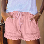 Elastic Waist Fringe Denim Shorts