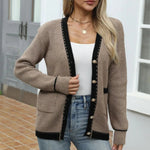 Contrast Trim Button Up Long Sleeve Cardigan - runwayfashionista.com