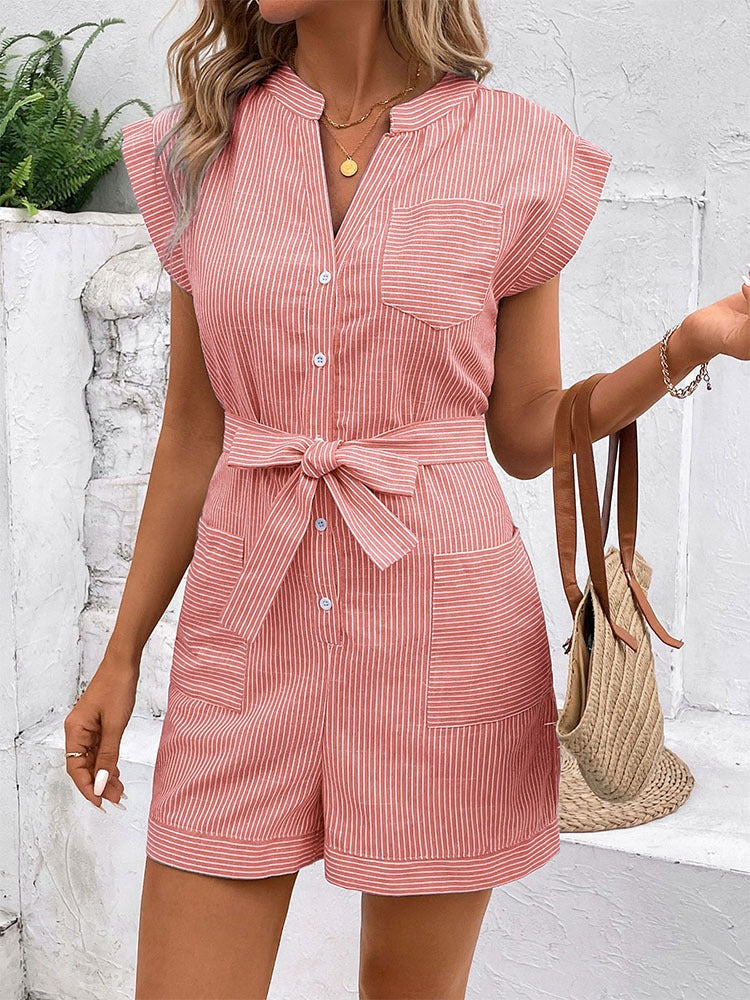 Slim Striped Short Sleeved Jumpsuit