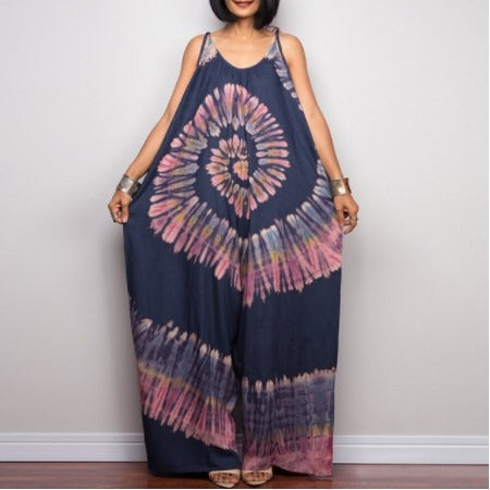 Long goddess print sleeveless loose jumpsuit