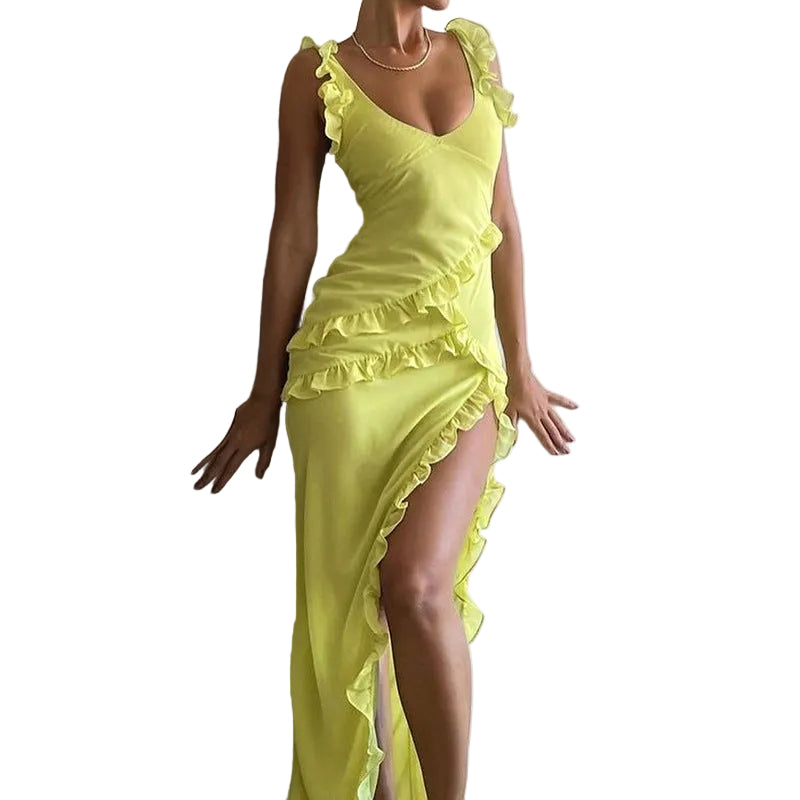 Ruffle Strap V-Neck Split Midi Dress - yellow