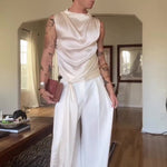 Ivory Satin Asymmetric Sculptural Draped Cowl-Collar Sleeveless Top