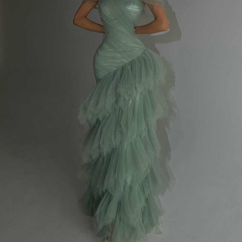 Elegant Light Green Strapless Mermaid Maxi Dress With Layered Tulle Skirt
