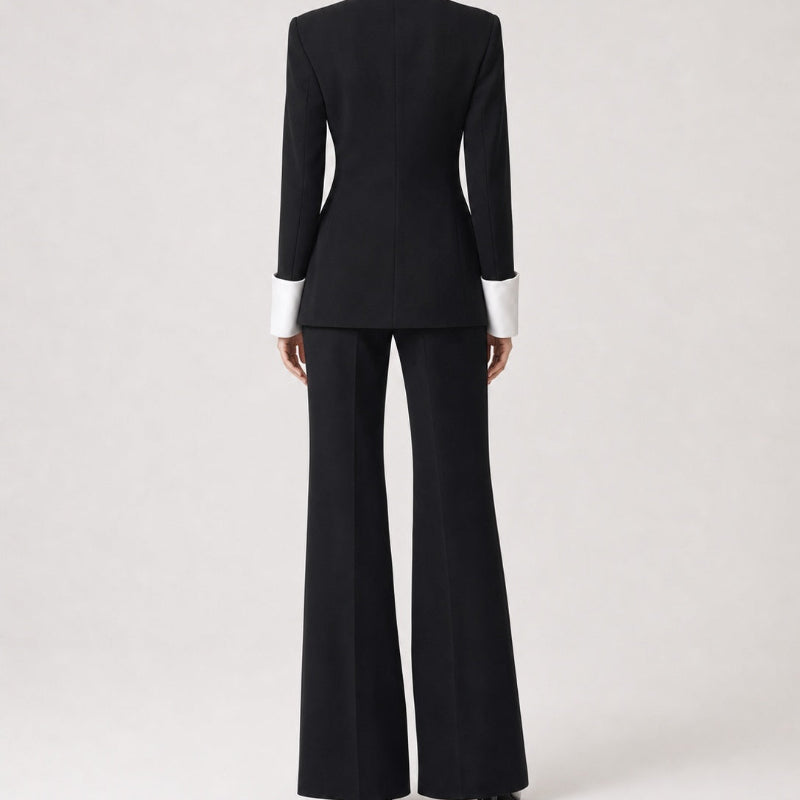 Contrast-Lapel Blazer and Flared Pants Suit
