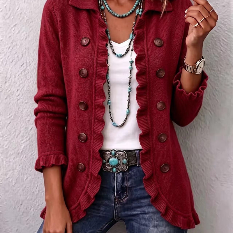 Double-Button Ruffle-Trim Knit Cardigan - wine red