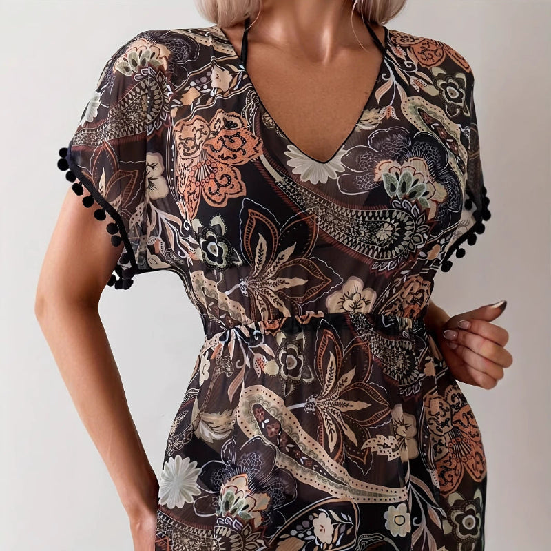 Short-sleeve V-neck Dress With An Elastic Waist