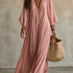 Lace-Trim V-Neck Flared-Sleeve Boho Maxi Dress - pink